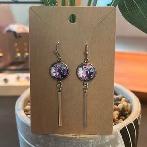 Hand Crafted Purple, Black and Pink Floral Design Drop Earrings